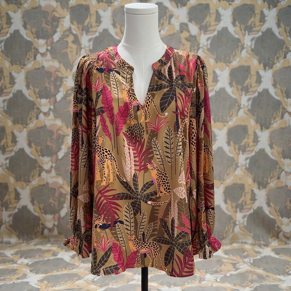 Jodifl Cheetah Jungle Print Blouse Fall Boho Artsy Earthy Statement Top Medium